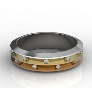 Bague de mariage élégante en or 14 carats à trois tons sertie de canaux Bague de mariage en diamant Bague de mariage en diamant à deux rangées Anneaux de mariage uniques
