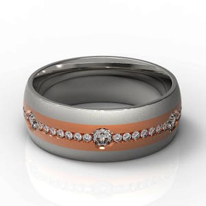 Bague de mariage luxueuse en or 14 carats bicolore sertie de diamants, bague de mariage en or blanc et jaune brossé blanc et rose