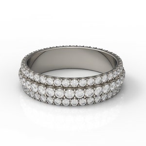 Sparkling three row diamond wedding ring 14k gold and shared prong set diamond wedding band round diamond wedding band
