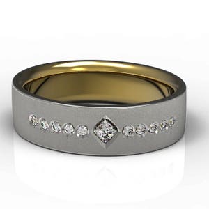 Alliance fascinante à deux couches en or blanc et jaune 14 carats serti de lunette bague de mariage en diamant taille princesse alliances en or deux tons