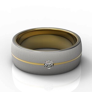 Alliance double couche exquise en or blanc et jaune 14 carats alliance double couleur en or brossé lunette mate sertie bague de mariage en diamant