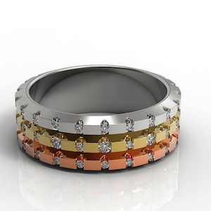 Bande de mariage en or trois tons accrocheur 14 K effet de lumière magique bague de mariage rotative trois rangées bague de mariage en diamant barchannel set band