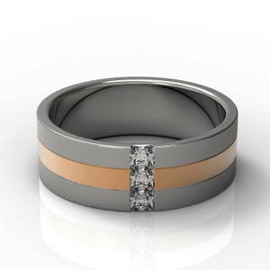 Extravagant 14K deux tons d'or bande de mariage canal serti de diamants bague de mariage plat brossé et brillant poli bague de mariage chanfrein bande