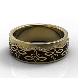 Amazing 14 k yellow gold and brown glass enamel wedding band shiny polished enamel and gold wedding band for men and women