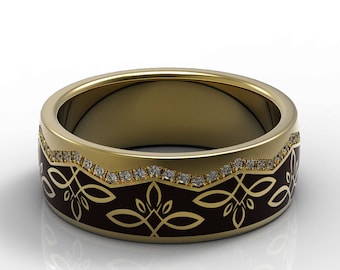 Increíble alianza de bodas de oro amarillo de 14 k y esmalte de vidrio marrón, alianza de bodas de oro y esmalte pulido brillante para hombres y mujeres