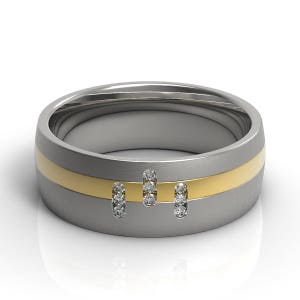 Spectaculaire 14 k deux tons d'or bande de mariage canal serti de diamants plat brossé et poli brillant bague de mariage bande de mariage chanfreinée