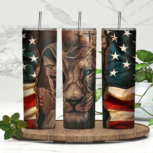Stunning Lion of Judah American Flag Tumbler Jesus, Lion. Bold Christian & Patriotic Gift for Men!