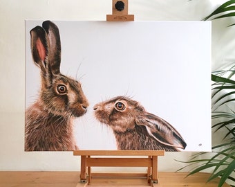 Kissing Hares - limited edition giclée canvas print; hare art -  hare print - hare canvas - hare design - hare picture - two hares