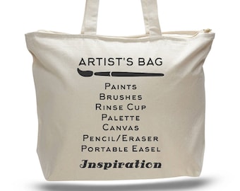 Artist Canvas Tote Bag, Zippered Top, Painter's Gift