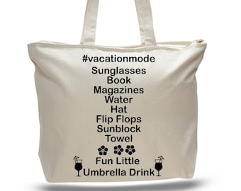 Canvas Vacation Tote Bag, Zippered Top, Honeymoon Gift
