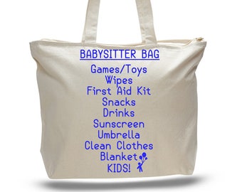 Babysitter Canvas Tote Bag: Zippered Top, Checklist Design