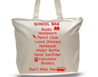 Custom Kids School Tote Bag, Zippered Top, Personalized Student Bag