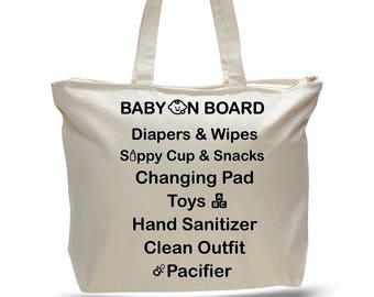 Canvas Diaper Tote Bag, Baby On Board Design, Zippered Top