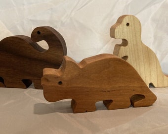 Wooden Dinosaur Trio - Triceratops, Tyrannosaurus Rex, Brontosaurus (Apatosaurus)