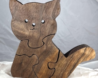 Walnut Wood Cat Puzzle: Freestanding 3-Piece Design
