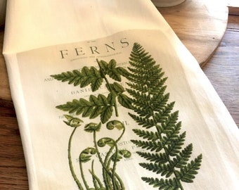 May include: A white tea towel with a green fern illustration and the text "FERNS OF THE UNITED STATES OF AMERICA".