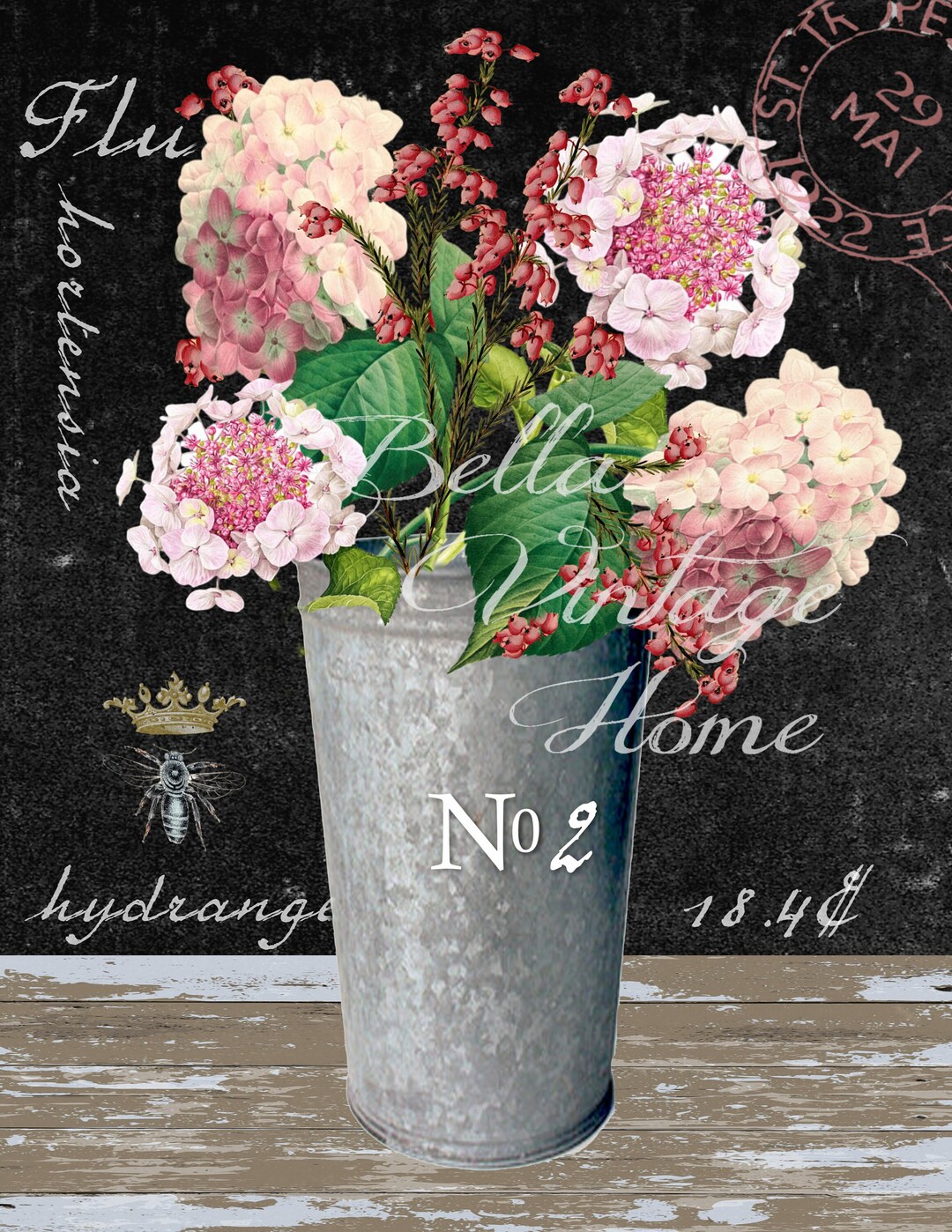 Vintage Art Print- Floral Pink Hydrangea - Etsy
