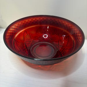 Cristal D'Arques Ruby Red Fruit Bowl – Vintage French Pressed Glass, Diamond Cut Pattern
