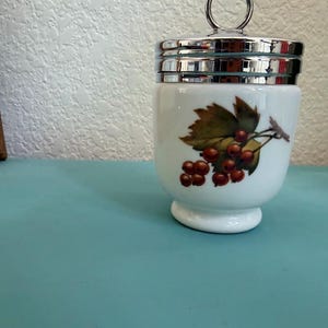 Royal Worcester Egg Coddler – Vintage English Porcelain Plum Design, Metal Screw Lid, 1940s–1960s