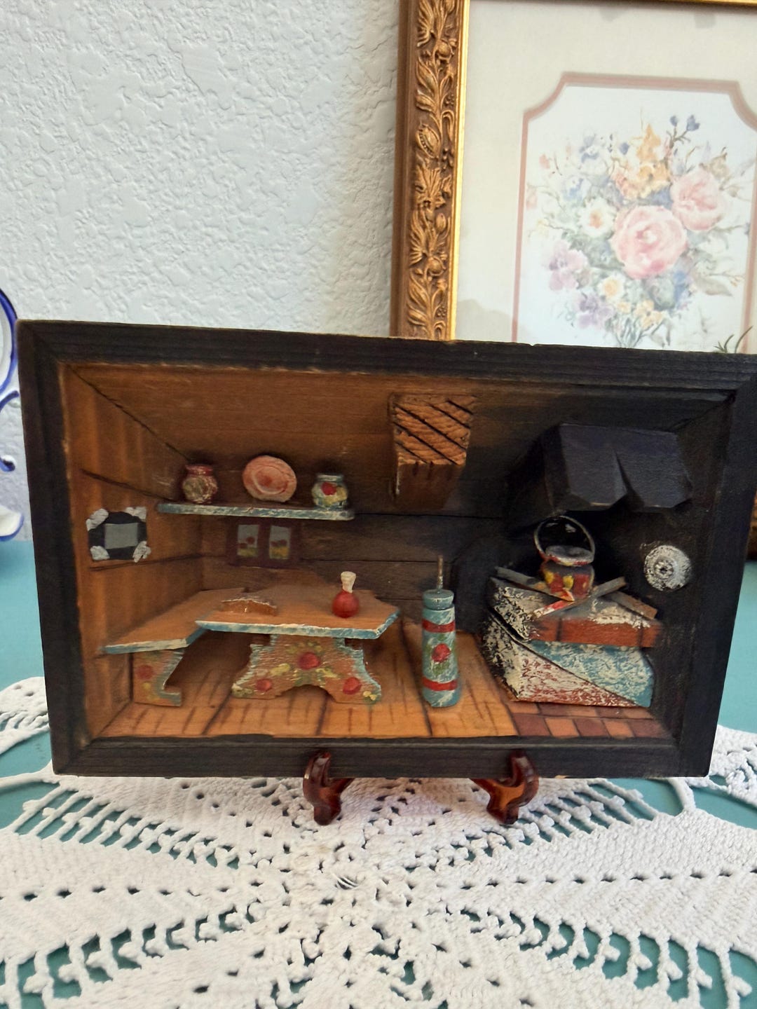 Vintage Wooden Kitchen Diorama – Handcrafted Miniature Rustic Scene ...