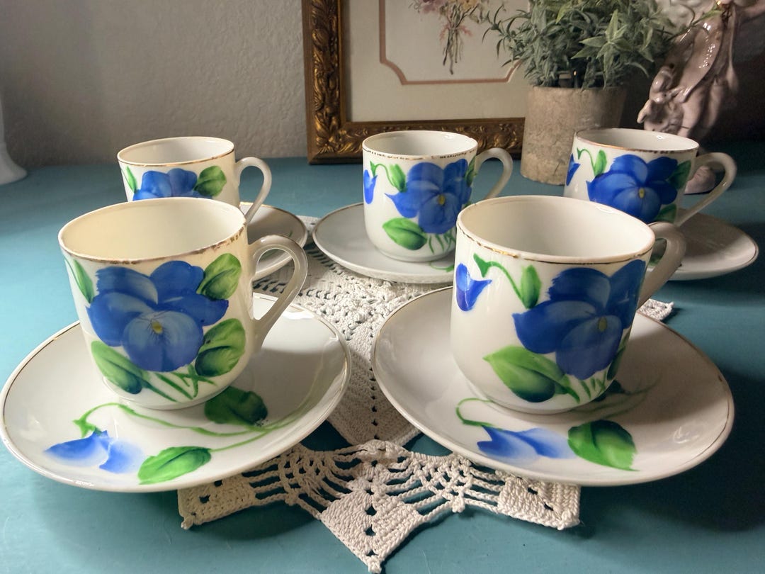 Hand‑painted Czechoslovakia Tea Set – 5 Cups & 5 Saucers • Blue Floral ...