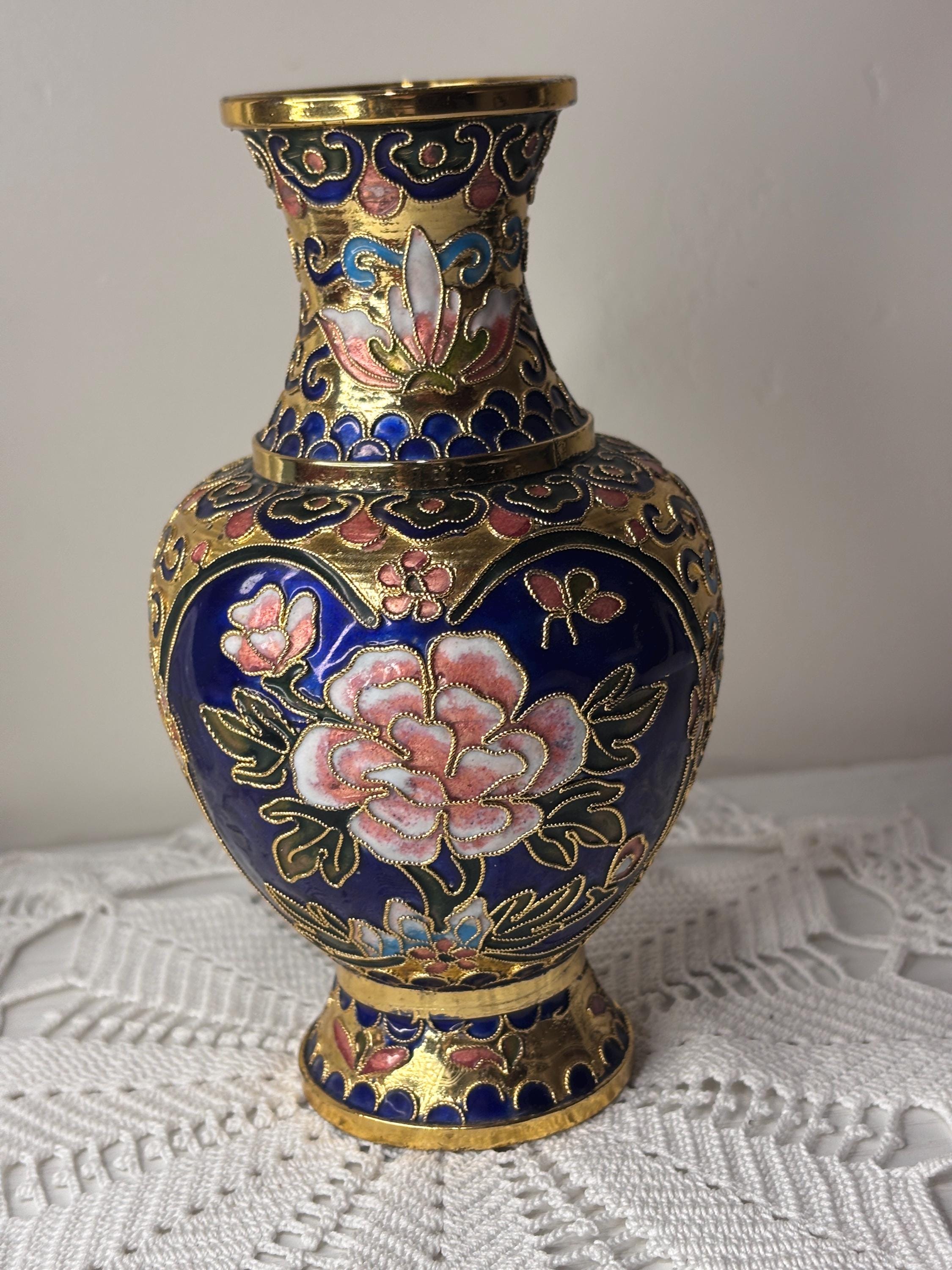 Vintage Chinese Cloisonné Vase — 6 Inch Blue Enamel Floral Brass