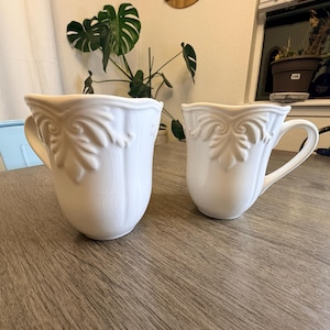 Lenox Ivory Embossed Mugs — Set of 2 Fine Porcelain Leaf Pattern Coffee Cups USA