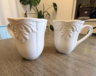 Lenox Ivory Embossed Mugs — Set of 2 Fine Porcelain Leaf Pattern Coffee Cups USA