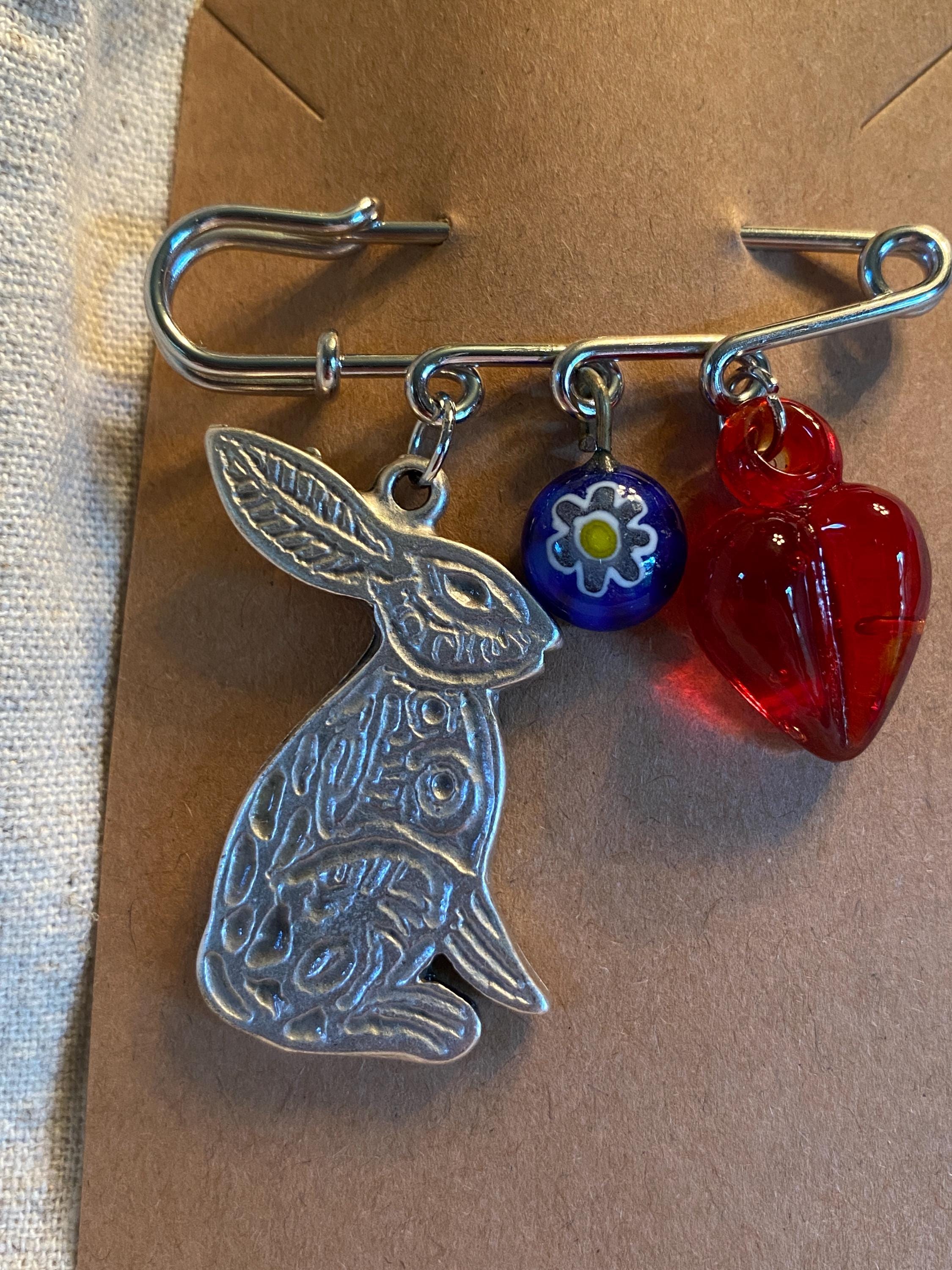 Silver Rabbit Pin Charm Pin : Silver Tone Folk Art Rabbit, Vintage Glass Heart and ...