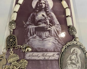 Saint Melangell Chaplet and Altar Card set: Tintype style image with natural shell and filigree beads