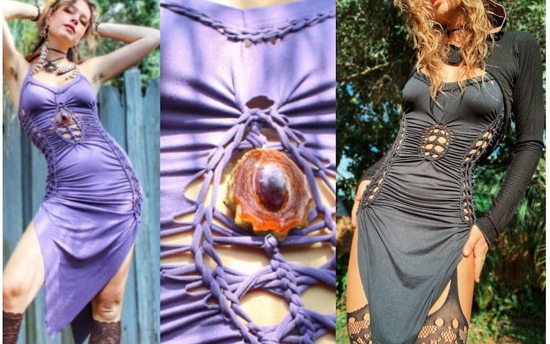 Puede incluir: Un vestido lila con cuello halter con un dise&ntilde;o recortado &uacute;nico y una falda fruncida. El vestido presenta intrincados detalles tejidos alrededor del corpi&ntilde;o y una piedra decorativa. El vestido tiene una abertura alta en el lateral.