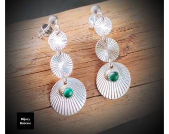 Earrings trend Boho chic silver 925 and Malachite - Pendant 3 medals Sun - Boho jewelry - gift idea woman