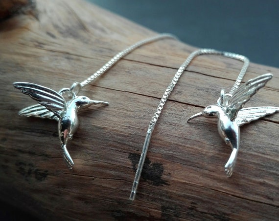 Chain earrings through silver hummingbird 925/1000 - Boho Jewelry - Women's Jewelry - Gift for her