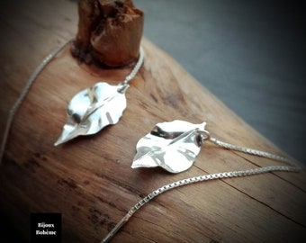 925 silver leaf pattern earrings - Women's earrings with through chain pendants - Boho jewelry