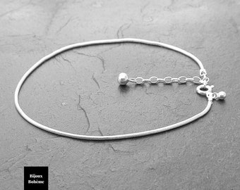 Chaîne de cheville argent 925 maille serpent - 23.5 cm à 26.5 cm - Bracelet cheville snake - Bijoux Bohème - Bijoux à offrir