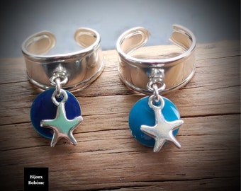 Adjustable 925 silver girl's ring with star pattern and blue medallion tassels - Boho little girl jewelry - Jewelry to give as a gift