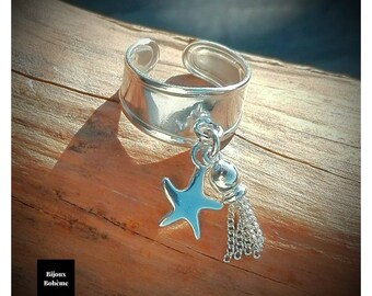 Girl's ring with pompom tassels and 925 silver star - Little girl's jewelry - Boho BIJOUX creation in solid recycled silver - girl's gift idea