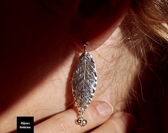 925 silver earrings with beaded leaf pattern - Women's dangling earrings - Boho jewelry