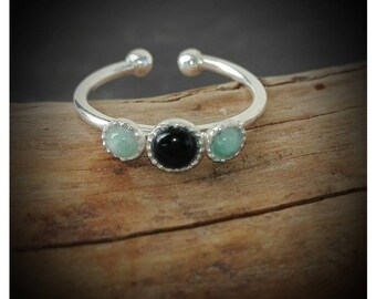 Onyx ring and Amazonite silver 925 - Trilogy ring - Adjustable ring from 55 to 58 - Boho jewelry - Gift idea woman