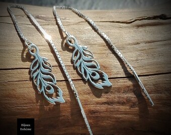 925 silver threader earrings with feather pattern - Boho BIJOUX creation in recycled silver - women's gift idea