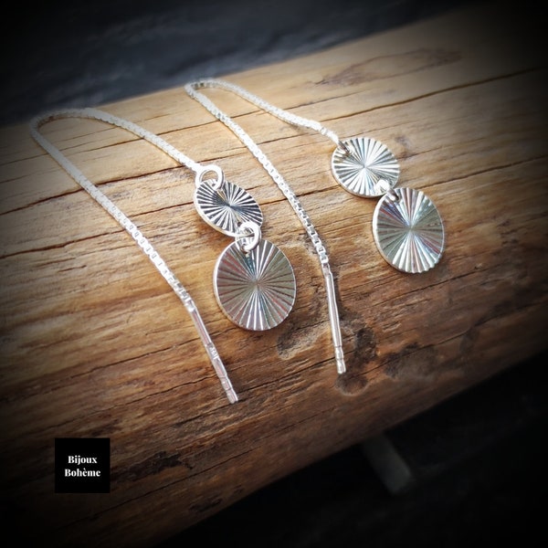 Boucles d'oreilles argent 925 motif médailles soleil - Boucles d'oreilles femme pendants chaîne traversante - Bijoux Bohème