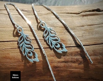 925 silver earrings with feather motif - Women's earrings dangling through chain - Boho jewelry