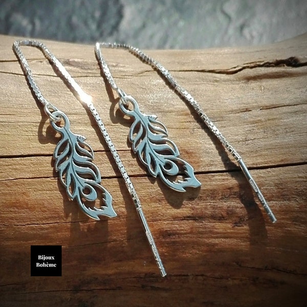 Boucles d'oreilles argent 925 motif plume - Boucles d'oreilles femme pendants chaîne traversante - Bijoux Bohème