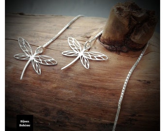 925 silver dragonfly through chain earrings - Minimalist ear chains - Creation BIJOUX Boho recycled silver