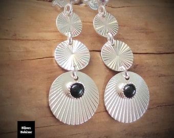 925 silver & black onyx pendant earrings with Sun medal pattern - Boho BIJOUX creation in recycled silver - women's gift idea