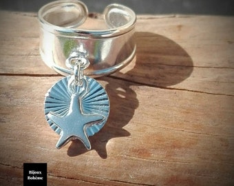 Adjustable 925 silver girl's ring with sun and star motif tassels - Boho little girl jewelry - Jewelry to give as a gift