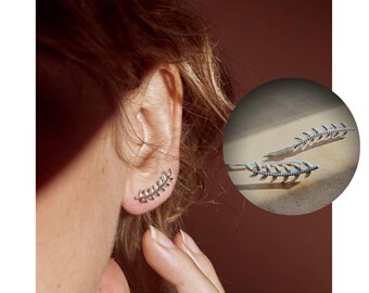 Ear cuffs earrings laurel leaf recycled 925 silver - Ear climbers ears of wheat - Boho JEWELRY - gift idea for her