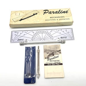 May include: A vintage drafting set featuring a beige box with the word "Paraline" and the text "MECHANIZES DRAFTING & DRAWING". The set includes a ruler, a compass, and a blue case. A pamphlet reads "Paraline" and "Saves Your Time".