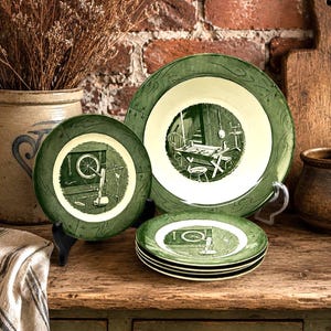 Vintage Royal China Colonial Homestead Serving Bowl & 5 Plates Set Farmhouse Rustic Americana USA