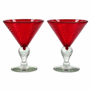 Vintage Ruby Red Margarita Glasses Set of 2 Hand Blown Art Glass 12 Oz